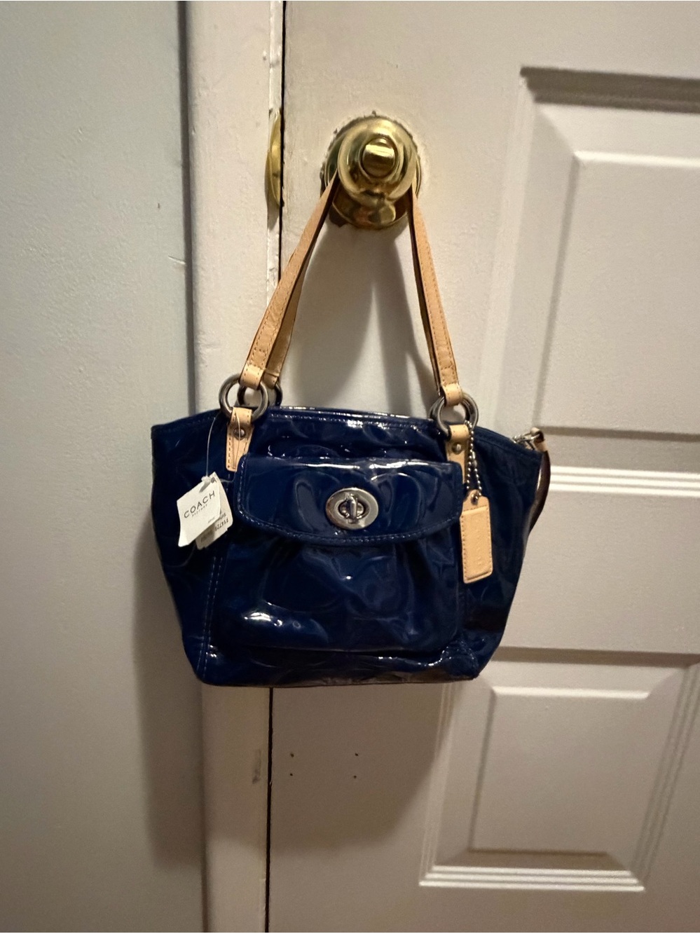 Coach Leah Embossed Signature Navy Blue Patent Leather Hand Bag
